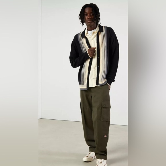 Urban Outfitters Men’s Button-Down Polo Sweater Size L Black Grey Cream Cotton - Picture 1 of 14